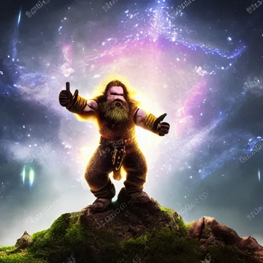 Image similar to dwarf standing in the epicenter of a devastating shockwave, nova, explosion, bell, warp, magic, 8 k, fantasy, epic pose, cinematic