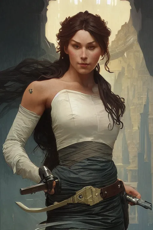 Prompt: a female bounty hunter, arcane, intricate, elegant, highly detailed, digital painting, artstation, concept art, smooth, sharp focus, illustration, art by artgerm and greg rutkowski and alphonse mucha and william - adolphe bouguereau