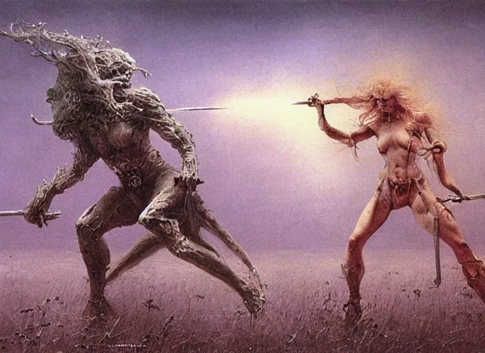 Prompt: bald barbarian girl fighting ethereal goblin princess by Beksinski and Luis Royo