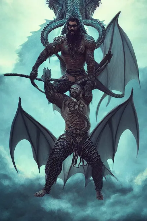 Image similar to beautiful, ethereal khal drogo ( jason momoa ) riding a dragon, intricate art deco dragon designs, elegant, highly detailed burning background, sharp focus, game of thrones art by artgerm and beeple and greg rutkowski and wlop