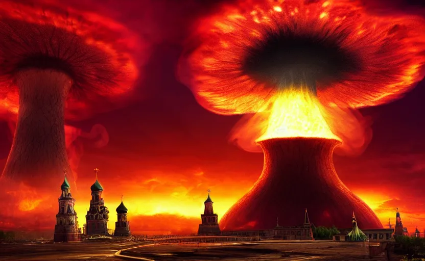 Image similar to ultra realistic picture of a big nuclear explosion with realistic nuclear mushroom in Red Square Kremlin, dramatic lighting, cinematic, extremely high detail, photo realistic, cinematic lighting, post processed, concept art, artstation, matte painting, unreal engine 8k