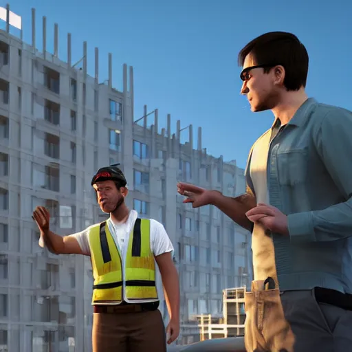 Image similar to Award-winning photograph of an office worker arguing with a construction worker about pipes with an apartment complex on the background, god rays, cinematic, 8k, Unreal Engine render