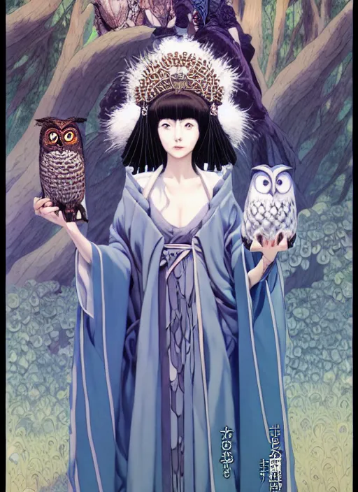 Prompt: goddess of the owls in feathered robe, humanoid, forest ritual, throne, concept art, Ilya Kuvshinov, masakazu katsura,jean giraud, Kyoto animation,last exile, blue submarine no. 6,loish, murata range, kawaii, yoshitaka amano, studio lighting, manga, bright colors, beautiful, 28mm lens, vibrant high contrast, gradation, fantasy, rule of thirds, great composition, intricate, detailed, flat, matte print, sharp