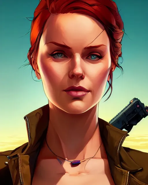 Prompt: portrait of triss merigold, gta san andreas cover art, borderlands style, celshading, trending on artstation, by rhads, andreas rocha, rossdraws, makoto shinkai, laurie greasley, lois van baarle, ilya kuvshinov and greg rutkowski