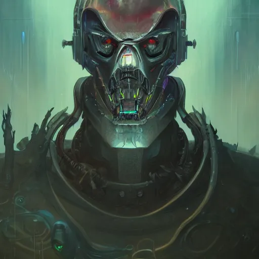 Prompt: a portrait of a sinister cybernetic duke of hell, cyberpunk concept art by pete mohrbacher and seb mckinnon and beksinski and josan gonzales, digital art, highly detailed, intricate, sci-fi, sharp focus, Trending on Artstation HQ, deviantart, unreal engine 5, 4K UHD image