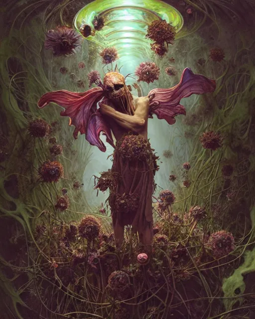 Image similar to the platonic ideal of flowers, rotting, insects and praying of cletus kasady carnage davinci dementor wild hunt chtulu mandelbulb mandala ponyo heavy rain the witcher, d & d, fantasy, ego death, decay, dmt, psilocybin, concept art by randy vargas and greg rutkowski and ruan jia and alphonse mucha