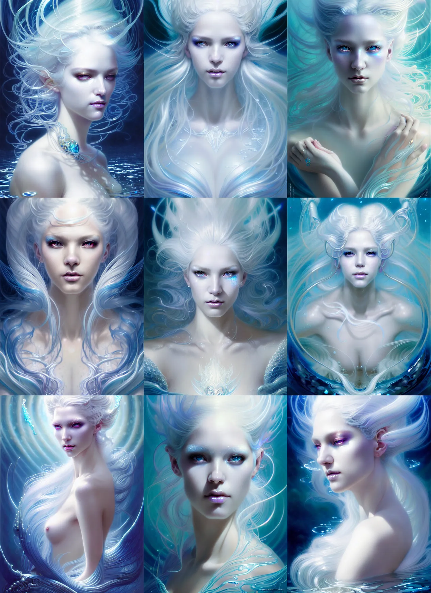 Prompt: beautiful glowing sparkling shimmering ethereal white hair submerged in water fantasy art portrait, elegant hair, complex design hair, ultra realistic, wide angle, intricate details, fantasy artifacts, highly detailed by peter mohrbacher, hajime sorayama, wayne barlowe, boris vallejo, aaron horkey, gaston bussiere, craig mullins