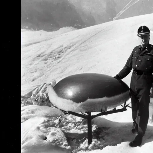 Image similar to photo of an ss officer with a frozen crashed ufo on the alps, 1935, high definition