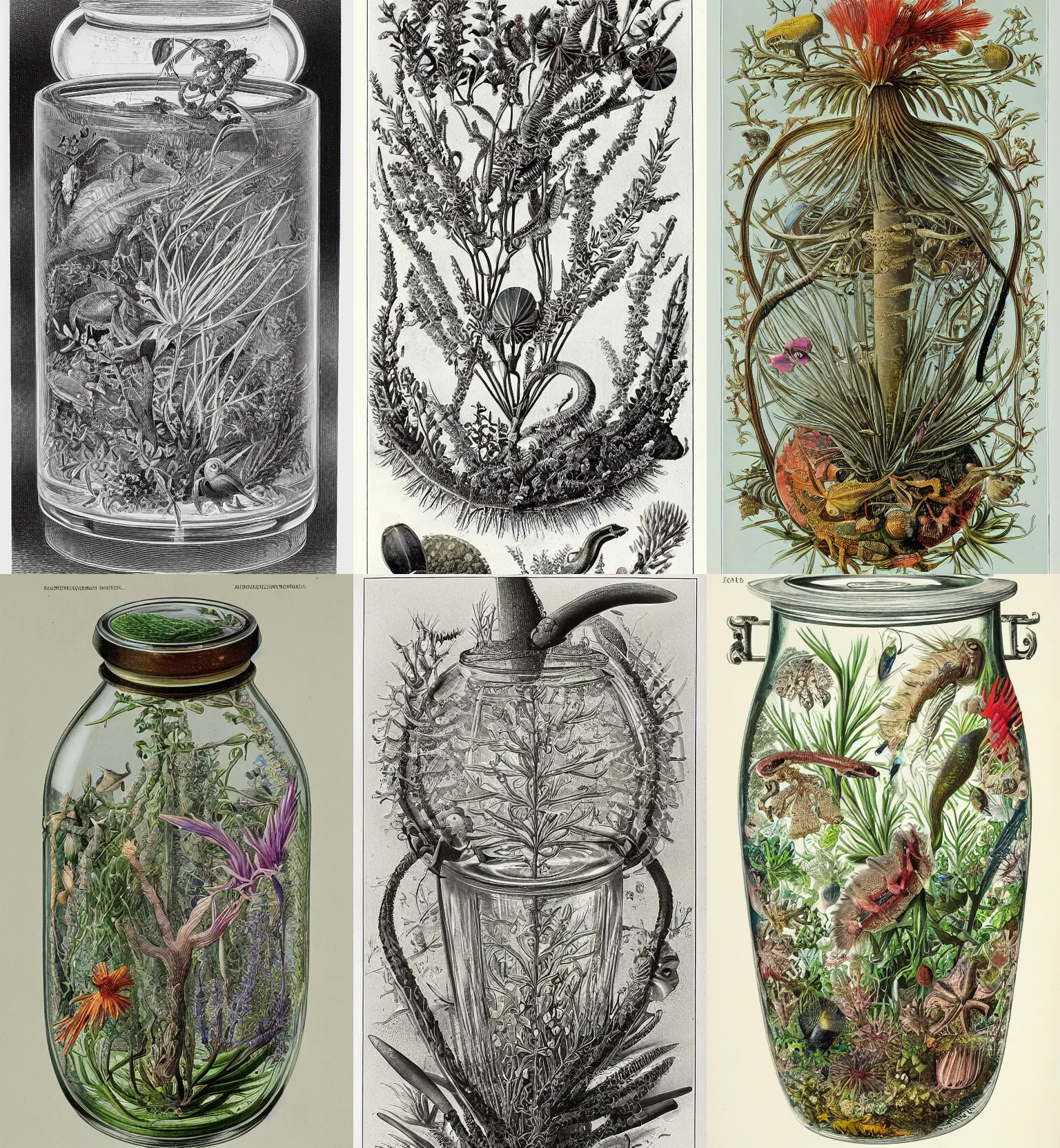 Prompt: glass jar with rich and very beautiful life inside zoological scientific illustration, made by Ernst Haeckel