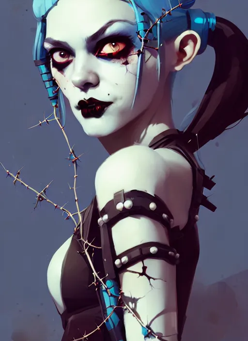 Image similar to portrait of cute goth harley quinn girl with crown of thorns, warhammer, cyberpunk, by atey ghailan, by greg rutkowski, by greg tocchini, by james gilleard, by joe fenton, by kaethe butcher, dynamic lighting, gradient light blue, brown, blonde cream and white color in scheme, grunge aesthetic