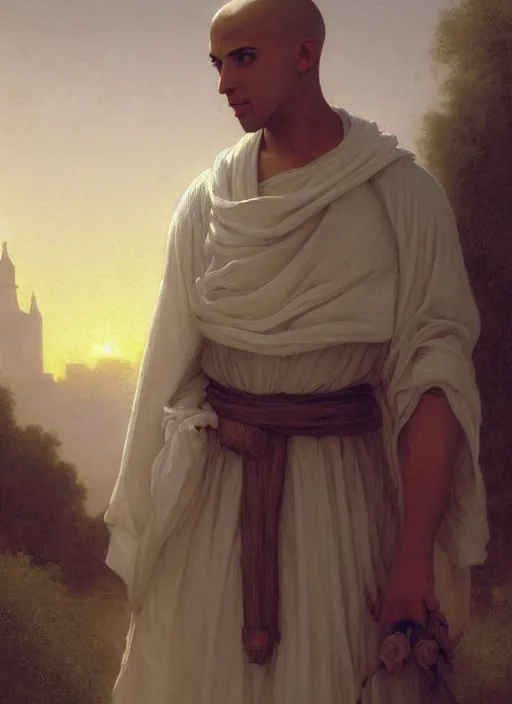 Image similar to oil painting portrait of a handsome young tonsured dominican monk in a white and brown habit, striding dancing through a flourishing garden at sunset with a monastery in the background, hazy, digital art, chiaroscuro, artstation, cinematic, golden hour, digital art painting by greg rutkowski, william - adolphe bouguereau, hazy atmosphere, flowers, cinematic lighting