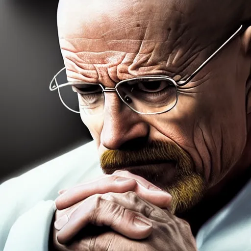 Prompt: extreme close up, photo realistic, walter white praying intently in synagogue