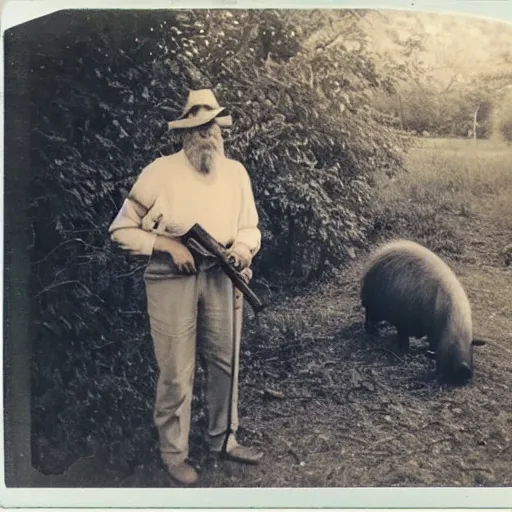 Image similar to old polaroid photo of an old man holding a rifle and standing proudly next to a giant capybara sleeping