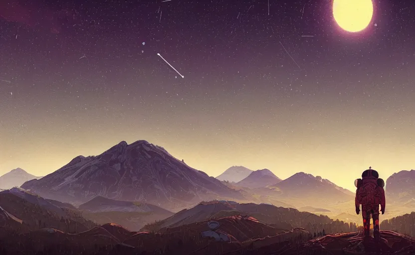 Prompt: mountains, stars and paisley filled sky, artstation, intricate, highly detailed, digital painting, concept art, sharp focus, illustration by Simon Stalenhag and Yoshitaka Amano