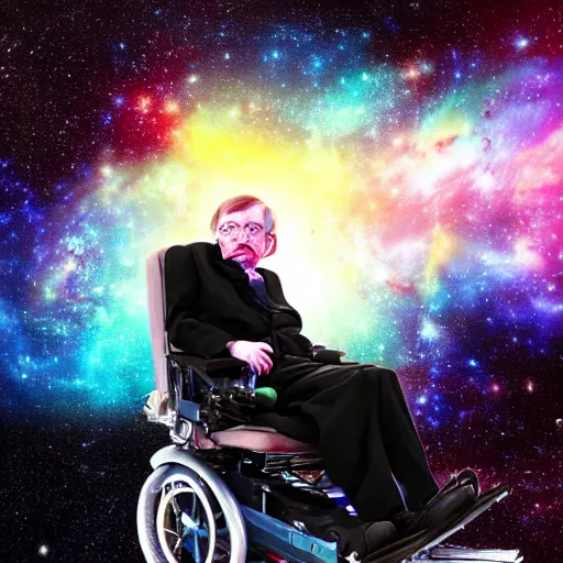 Image similar to stephen hawking with space in the background, universe, galaxies, planets, black hole, by wlop and ross tran, colorful