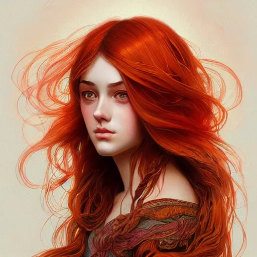 Image similar to girl with super long hair, hair becoming autumn red leaves, intricate, highly detailed, digital painting, artstation, concept art, smooth, sharp focus, illustration, unreal engine 5, 8 k, art by artgerm and greg rutkowski and alphonse mucha