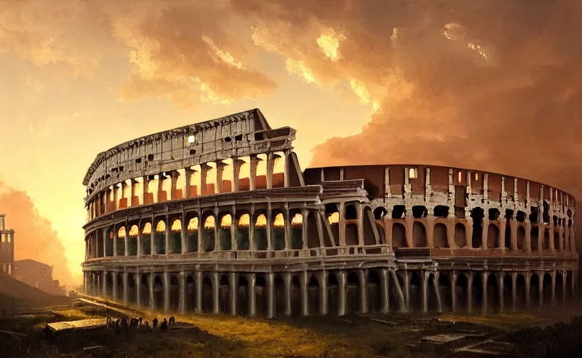 Image similar to painting of skyline of rome colloseum at sunset, natural light, concept art, by greg rutkowski, cozy atmospheric and cinematic lighting