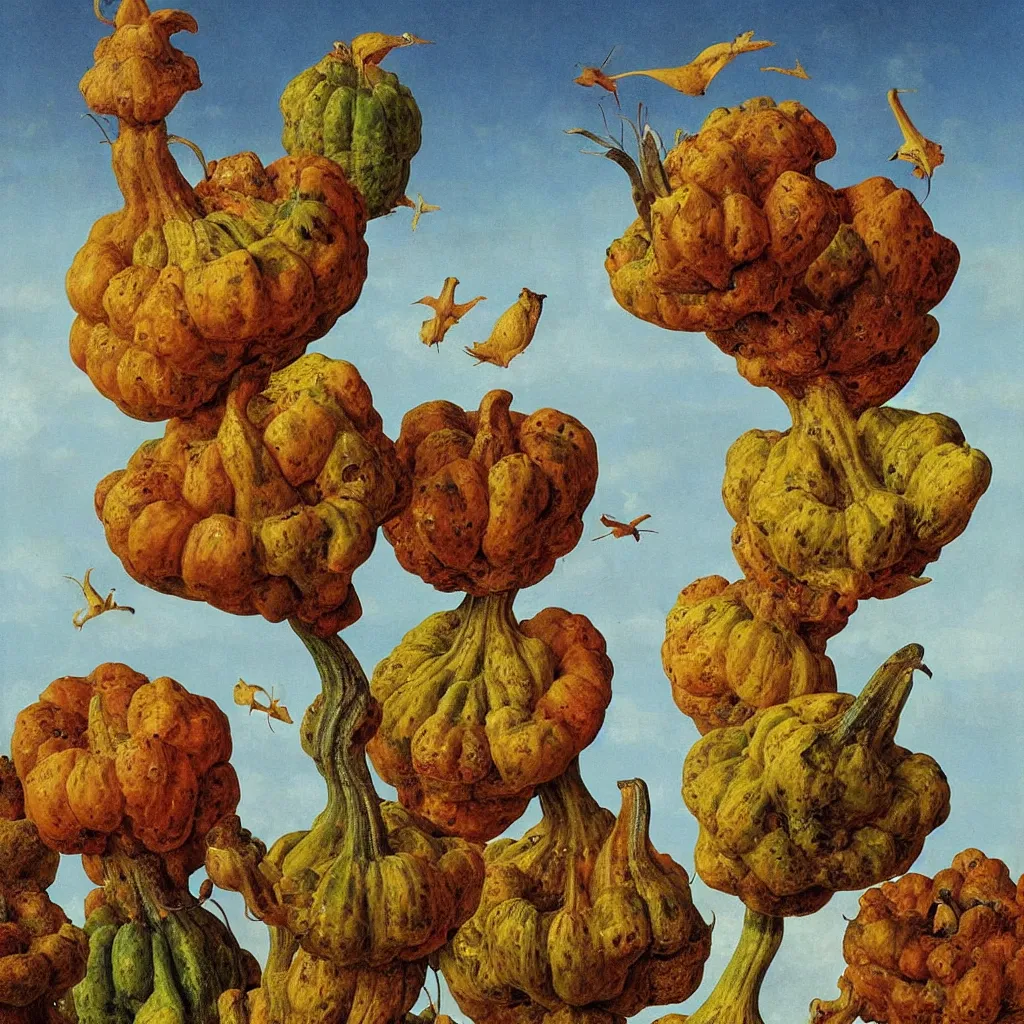 Prompt: a single! colorful! ( eldritch ) gourd fungus bird tower clear empty sky, a high contrast!! ultradetailed photorealistic painting by jan van eyck, audubon, rene magritte, agnes pelton, max ernst, walton ford, andreas achenbach, ernst haeckel, hard lighting, masterpiece