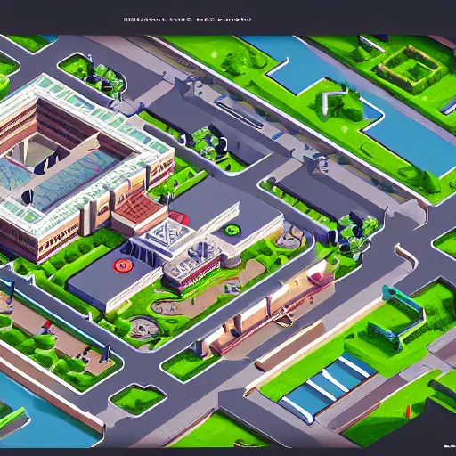 Prompt: medical building location. game illustration, gamedev, game, design, mobile game, aerial view, isometric, blizzard, easports, playrix, nexters, intricate, elegant, pixel perfect, sport game, highly detailed, amazing detail, digital painting, trending on artstation, sharp focus, 4 k
