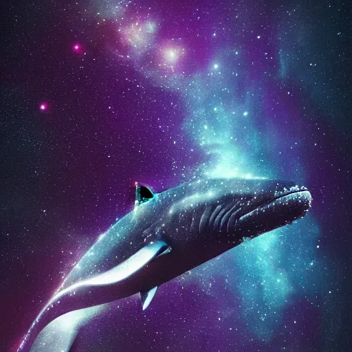 Image similar to portrait of whale swimming on a dark night sky, swimming across the universe, nebulae, purple and blue, galaxies, oniric, dreamy, beautiful, highly detailed, cinematic, trending on artstation