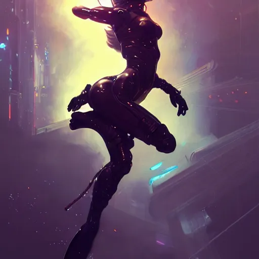 Image similar to cyberpunk woman diving through through the air, dynamic pose, cinematic lighting, science fiction painting, elegant intricate digital painting artstation, art by greg rutkowski and alphonse mucha, detailed