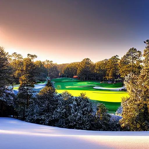 Image similar to augusta national the masters, but during winter completely covered in snow, beautiful ambient light, stunning photography, fog, light rays