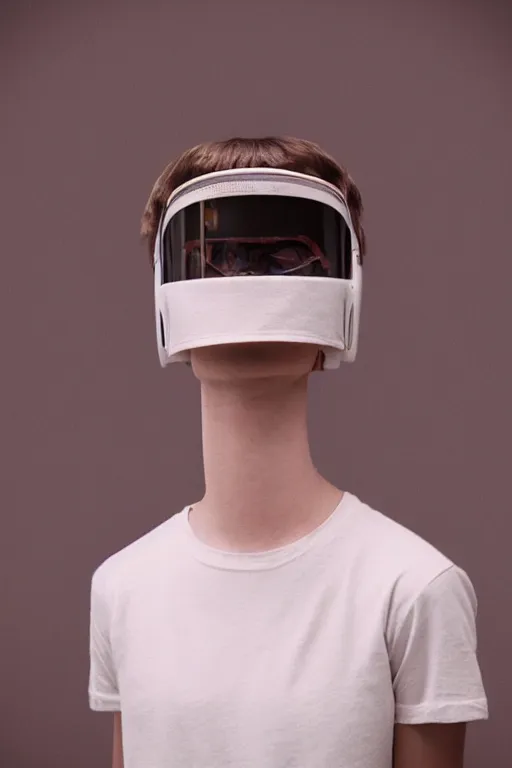 Prompt: a high definition film photograph of a normal androgynous robot human wearing a plain white t - shirt, in a pastel pink room. happy. visor covering eyes. chrome. crushed shadows.