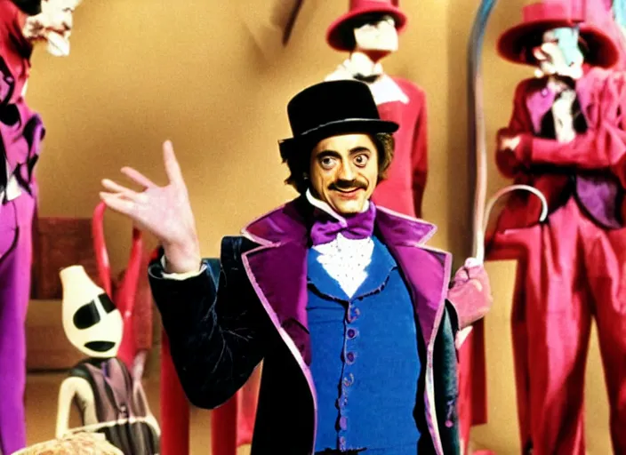 Image similar to film still of Robert Downey Jr as Willy Wonka in Willy Wonka and the Chocolate Factory 1971