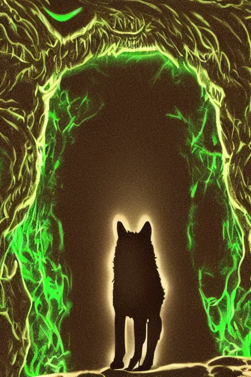 Image similar to a wolf standing at the opening of a green glowing cave howling in a 7 0 s style illusion