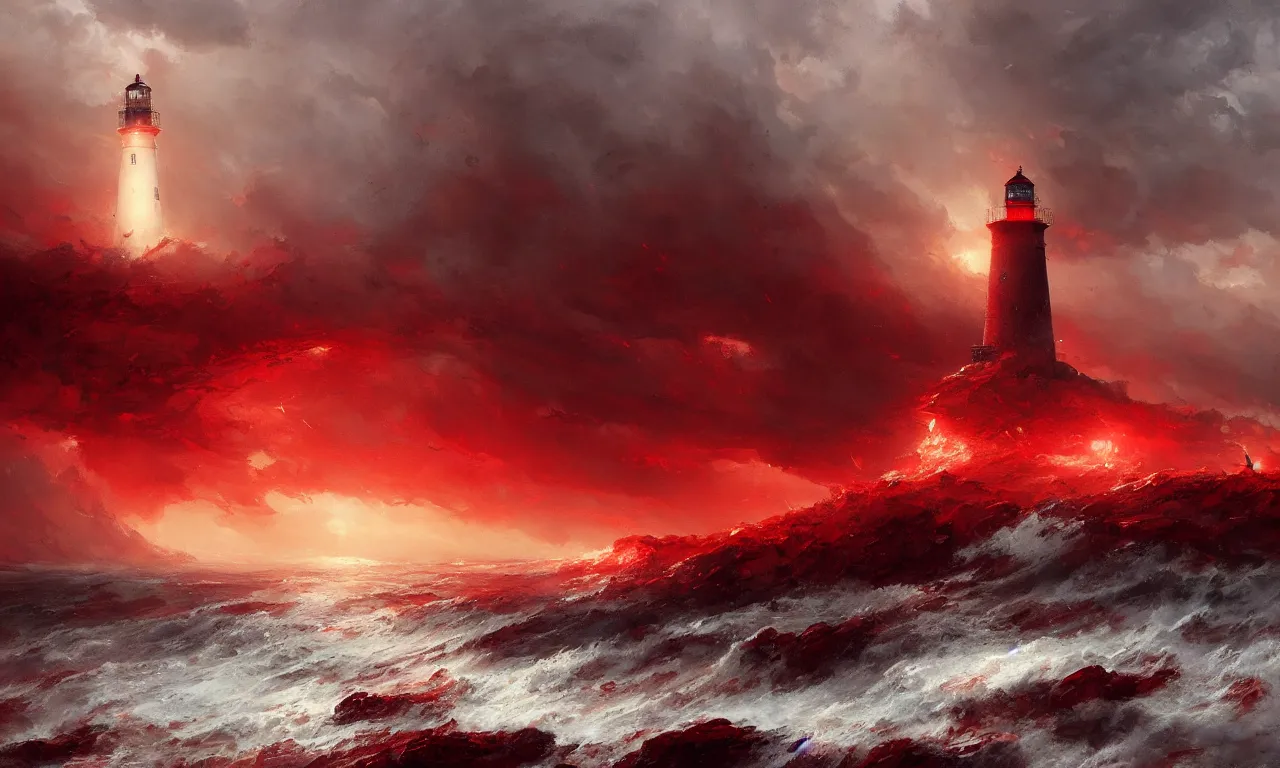 Image similar to a beautiful painting of a lighthouse surrounded by a violent tumultuous sea of red blood by John Blanche and Greg Rutkowski, trending on Artstation, midjourney