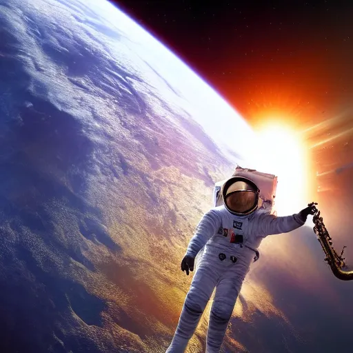 Image similar to astronaut using a saxophone in space, hd, earth, realistic, detailed, award winning image