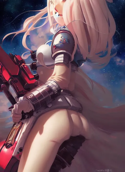 Image similar to semi realistic anime illustration of space marine girl made by stanley artgerm, wlop, rossdraws, james jean andrei riabovitchev, marc simonetti, yoshitaka amano, artstation