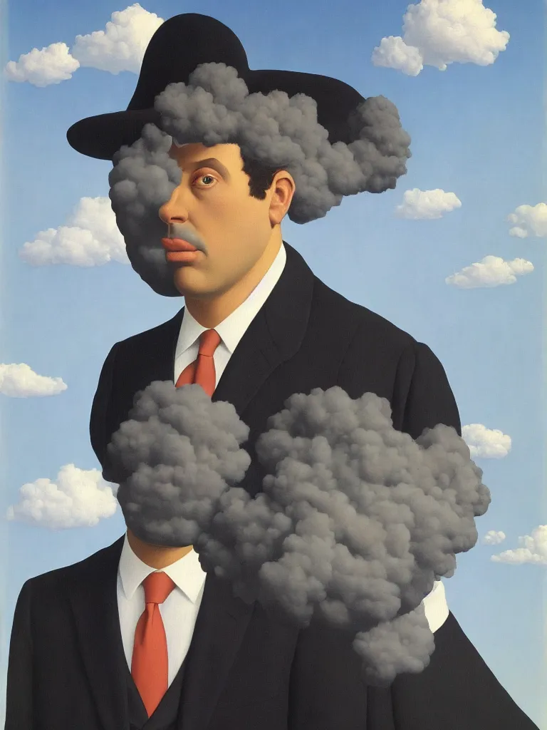 Image similar to portrait of man in a suit that has cloud instead of head by rene magritte, detailed painting, hd, hq, high resolution, high detail, 4 k, 8 k