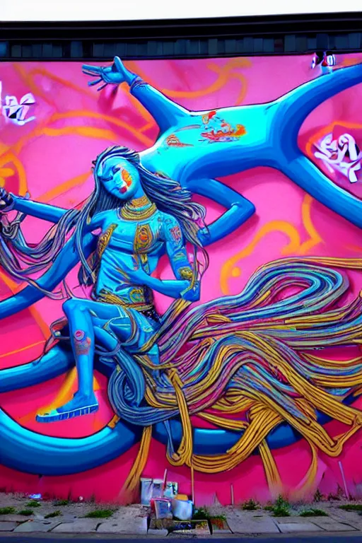 Prompt: epic graffiti mural of a 1000 arm Quan Yin , colorful and dynamic in the style of Hownosm and James Jean, ultimate collab, epic, unreal engine 5, coming to life popping out of the wall 3d,