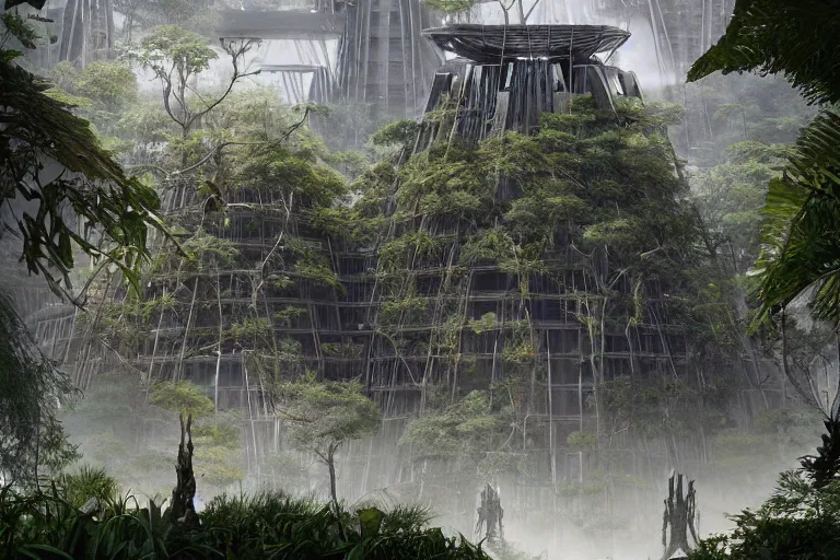 Prompt: brutalist futuristic Aztec structures, manicured garden of eden, by Jessica Rossier and HR giger