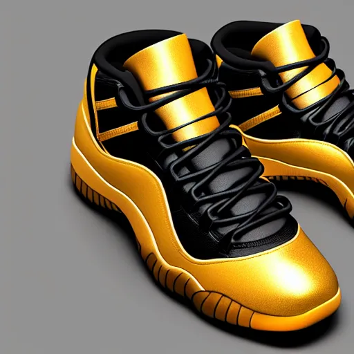 Image similar to jordan 1 1 sneakers. black and gold, bright, colorful, glossy, 3 d, arnold render, vray render, artstation, 4 k, very detailed, post processing