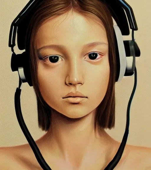 Prompt: young girl wearing headphone listening to amplifier trending on deviantart artstation drawing painting portrait giger sorayama frank Miller style