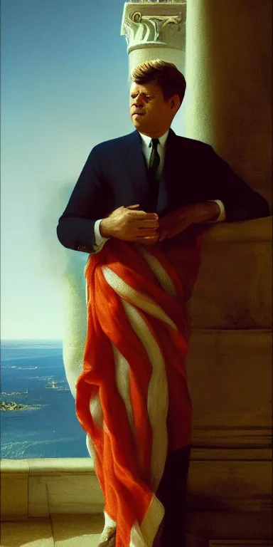 Prompt: a portrait of john f kennedy in the style of thomas cole, with a single eroded corinthian column in the foreground, partially submerged in a deep blue lake, god rays, raytracing, 8k, octane render, volumetric, vivid, beautiful, hyperrealism”