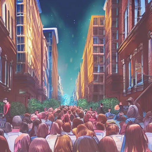 Prompt: people sitting in rows of school desks in the middle of a city street, first person view from back row, dreamy atmosphere, high quality digital art