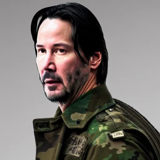 Image similar to keanu reeves wearing military outfit and camouflage cinematic photoshoot high quality highly affordable photo realistic 8 k hd