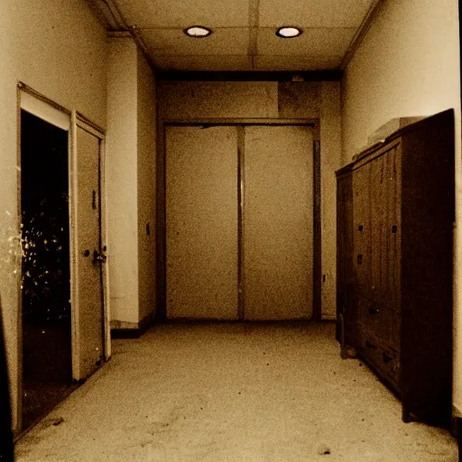 Prompt: an SCP gets loose in a dark room, dust in the air, brown wood cabinets, SCP, taken using a film camera with 35mm expired film, bright camera flash enabled, award winning photograph, sleep paralysis demon crabwalking towards camera, creepy, liminal space, in the style of the movie Pulse