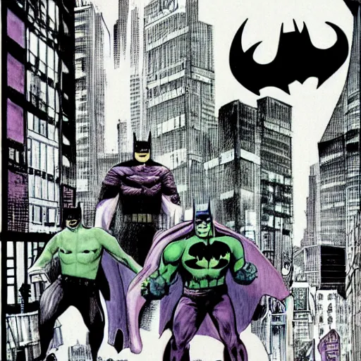 Image similar to glossy old advertising poster, batman and hulk walking through crowded gotham street, drawn comic by junji ito, pastels, gradient