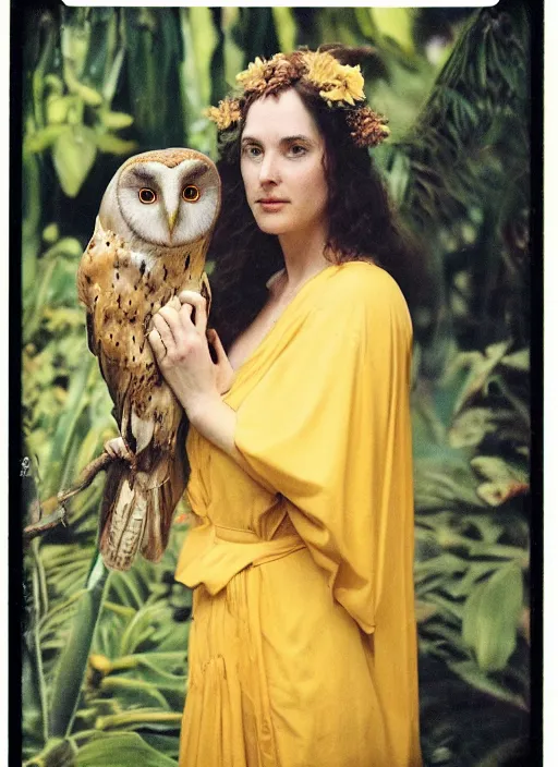 Prompt: Pre - raphaelit grainy head to shoulder portrait Polaroid film photograph of an elegant lovely woman wearing a yellow kimono with a very detailed barn owl on her shoulder!!! in a tropical greenhouse. looking at the camera!!. slight smile. super resolution. Extremely detailed. face like Jennifer Connelly. Polaroid 600 film.