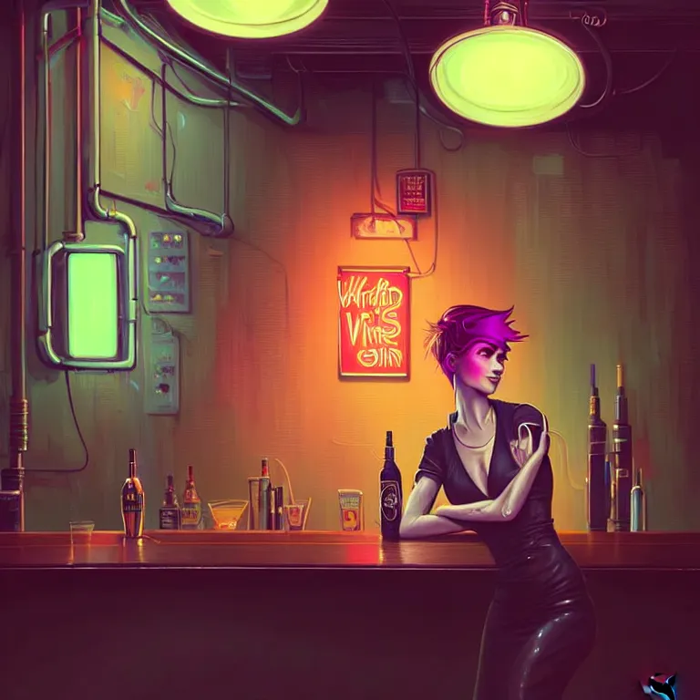 Prompt: a young sophisticated beautiful barmaid, dimly lit industrial grunge cyberpunk dive bar, dystopian retrofuturistic 1980s neon vibe, relaxed pose, sitting at the bar, pixie cut with shaved side hair, wild, highly detailed, digital painting, artstation, sharp focus, illustration, detailed painterly digital art style by WLOP and Cory Loftis + perfect facial symmetry + dim volumetric lighting, vibrant deep colors, 🍸, 8k octane beautifully detailed render, post-processing, extremely hyperdetailed, epic composition, grim yet sparkling atmosphere, cinematic lighting + masterpiece, Art Nouveau