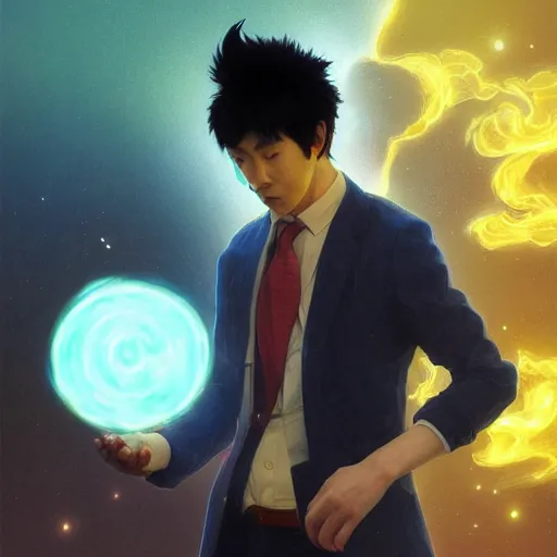 Prompt: A man drinking a cup of cosmic energy bright light by Masafumi Harada, 4k, digital art, surreal, anime style, space dandy style, highly detailed, godsend, artstation, digital painting, concept art, smooth, sharp focus, illustration by Ruan Jia and Mandy Jurgens and William-Adolphe Bouguereau, Artgerm