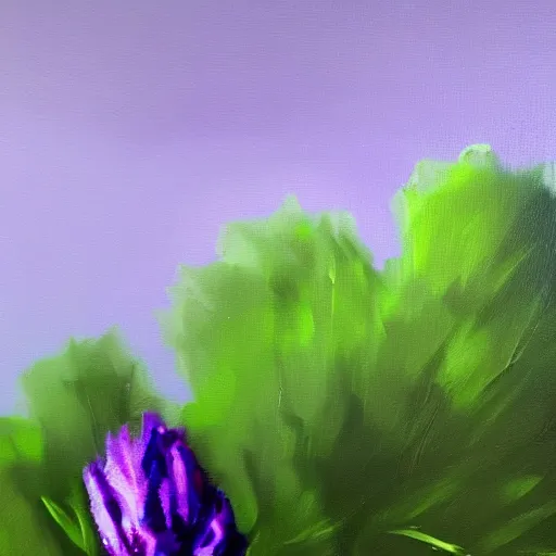 Prompt: ultra realistic painting of a dark cloudy sky over a purple alien flower