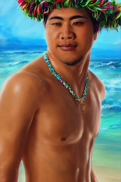 Image similar to handsome hawaiian male wearing a lei, ocean - like backsplash, trending on artstation, self - portrait!!!!!, 4 k photorealism, cgsociety contest winner, 4 k quality, intricately defined, complexly detailed, luminous radiant lighting, chill, hawaiian atmosphere