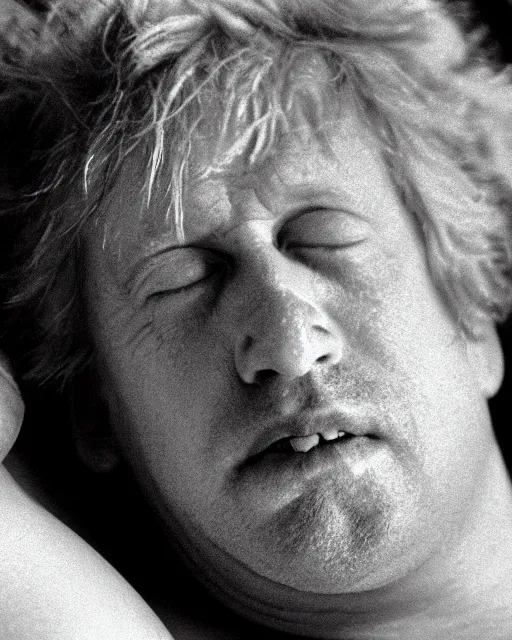 Prompt: film still close - up shot of boris johnson passed out on the beach from the movie monty python's the meaning of life. photographic, photography