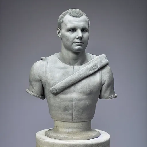 Prompt: 18th century historical marble sculpture of Yury Gagarin first space flight, Hermitage museum catalog photography,