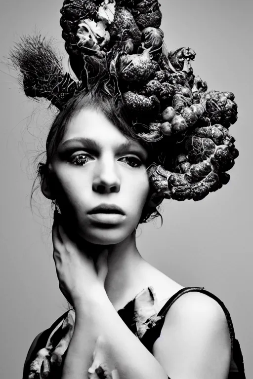 Image similar to a bountiful springtime harvest, a conceptual surrealist punk hairstyle for girls, by steven meisel, sigma 35mm f/8